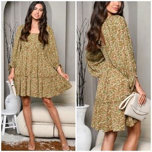ON YOU Boho Chic Olive Floral Swing Tiered Short Dress